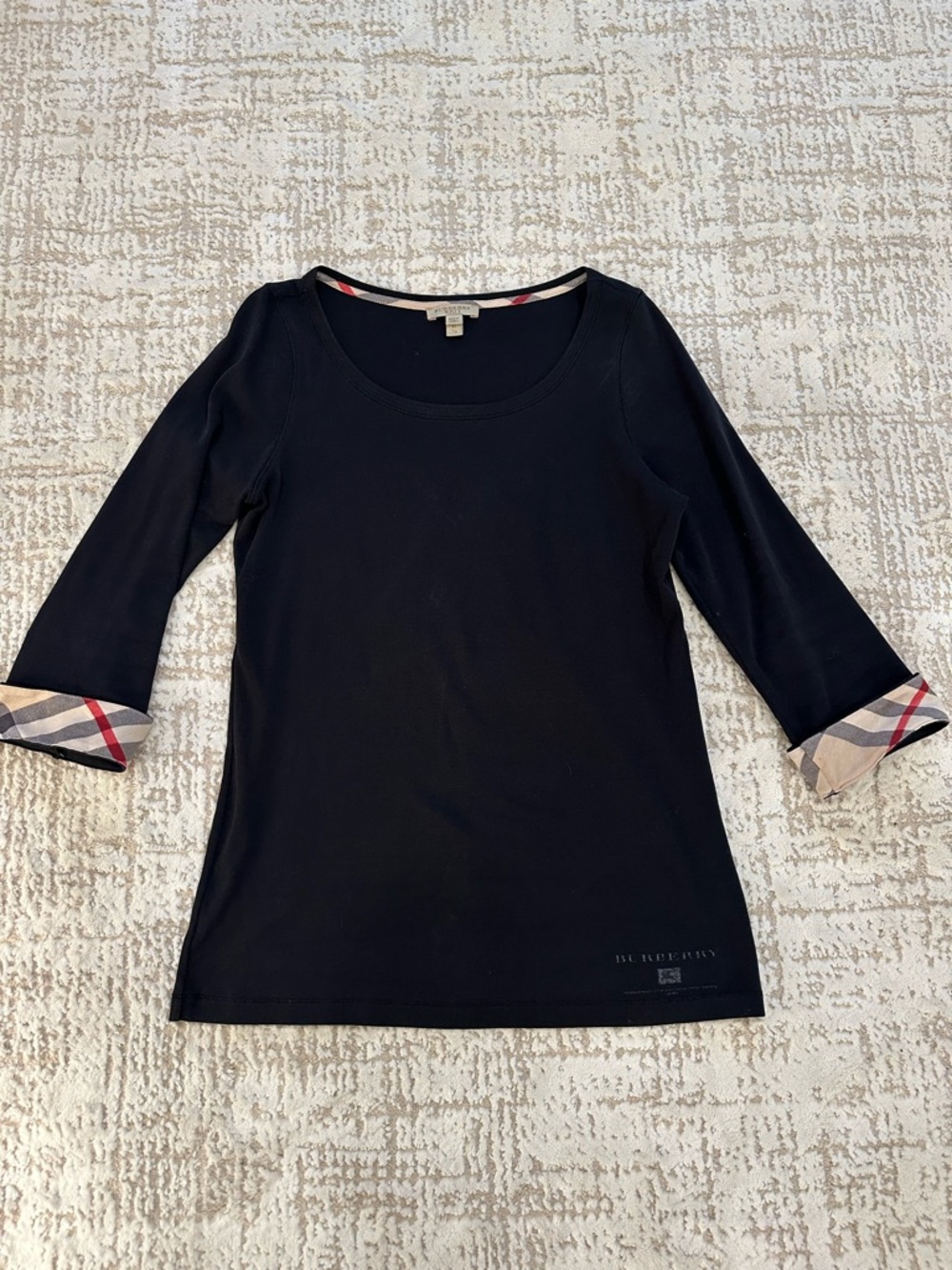 Burberry Brit Black 3/4 Sleeve Top Nova Check Cuffs Scoop Neck Stretch Tee XL